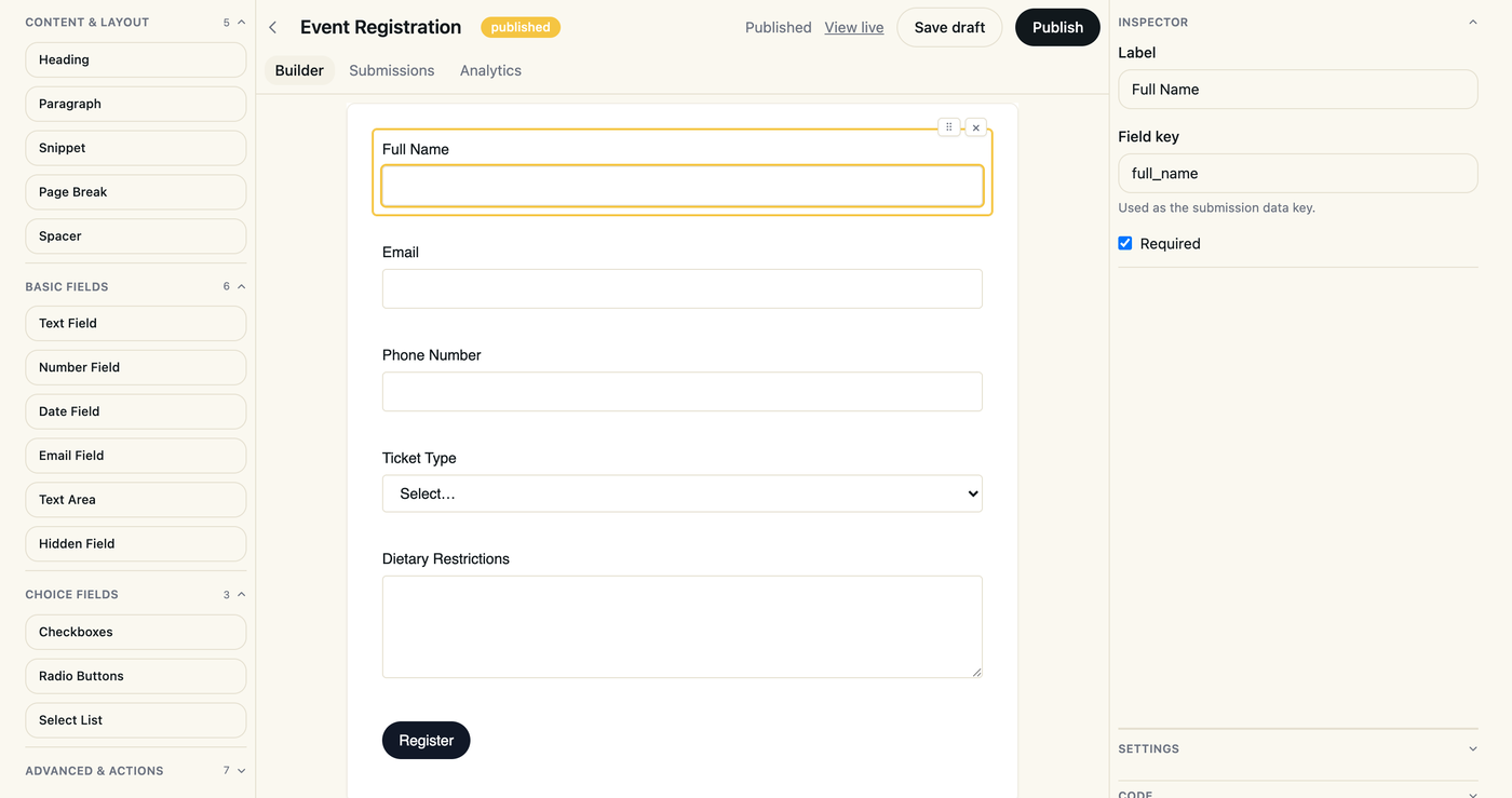 Visual builder in the Hoot Forms app